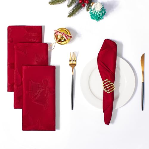 Softalker Christmas Jacquard Napkins with Red Flower, 20 x 20 Inch Set of 4, Winter Stain Resistant Polyester Poinsettia Vintage Floral Napkins for Dining, Party, Holiday Decor