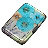ELFISH Mini RFID Aluminum Wallet Credit Cards Holder Business Card Case Metal ID Case for Men Women(Blue Flower)
