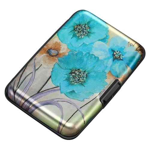 ELFISH Mini RFID Aluminum Wallet Credit Cards Holder Business Card Case Metal ID Case for Men Women(Blue Flower)