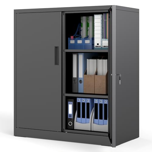 COSTWAY Aktenschrank abschließbar, 91 cm Metallschrank mit Doppeltür & 2 verstellbaren Regalen, Büroschrank Stahl, Mehrzweckschrank Werkstattschrank für Büro, Wohnzimmer, Garage, Schwarz