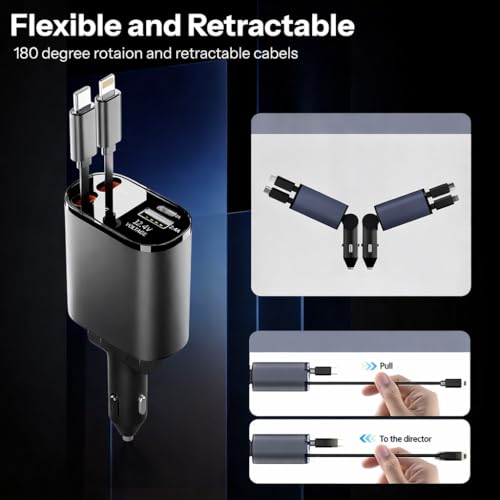 Image of 45W Fast Car Charger with 3-in-1 Cable | PD & QC Super Fast Charging | Type-C + USB-A Output | Supports Dash, Warp, VOOC |Compatible with Cars for iPhone & Android Smartphone (Retractable)