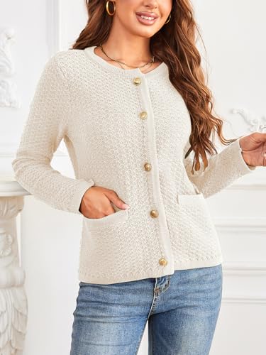 Image of Women's Casual Cardigan Sweaters Open Front Long Sleeve Button Down Crew Neck Knit Jackets with Pockets