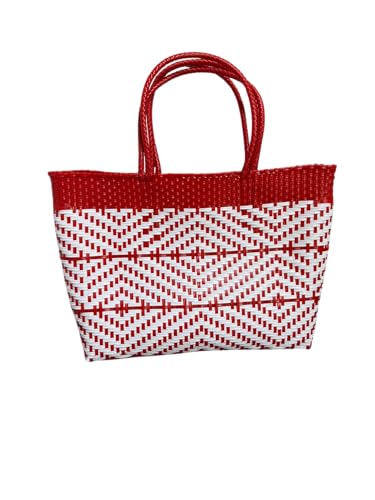 Image of Dallas Hill Designs Handwoven Super Tote Bag for Women | Recycled Plastic Shoulder Purse | Summer Beach, Pool, and Travel Handbag (Red & White)