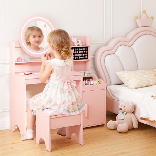 Image of INFANS Kids Vanity with Lights, Princess Makeup Desk with Mirror Storage Shelves, Toddler Table and Chair Set Pretend Play for Girls Aged 4-9