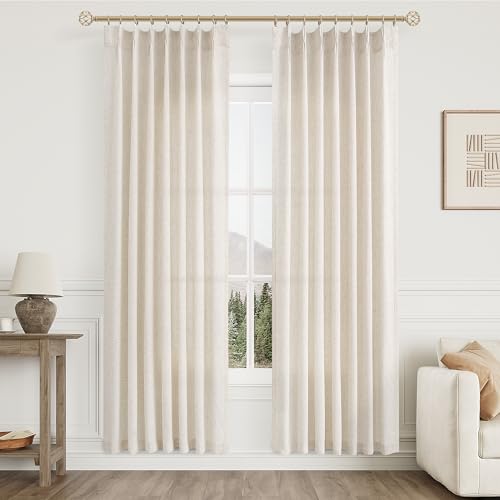 Aersas Natural Pinch Pleated 80 Inch Curtains Semi Sheer Linen Blend Light Filtering Window Curtains 80 Inches Long for Living Room Bedroom Boho Cream Oat Pinch Pleat Drapes with Hooks 2 Panels Set