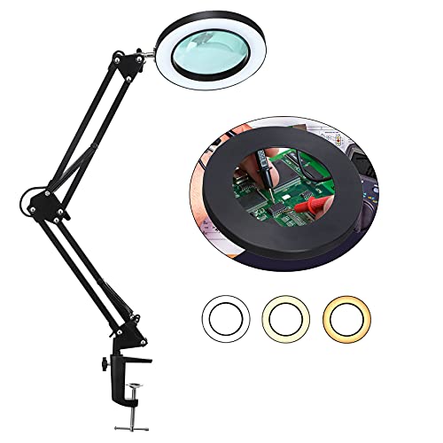 Magnifying Glass with Light, NUEYiO Stepless Dimming Lighted Magnifying Glass , 3 Color Modes, 4.1â€³ 3X Magnifying Glass, Adjustable Swivel Arm Magnifying lamp for Repair, Craft, Reading.(Black)