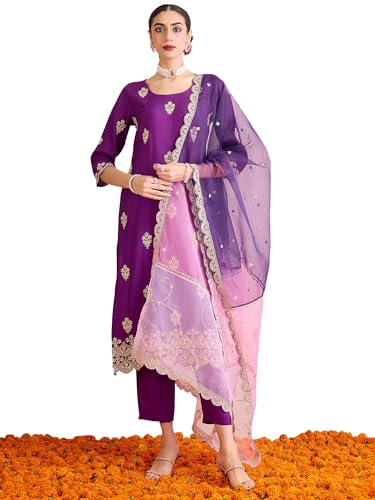Image of INDO ERA Women's Silk Blend Embroidered Straight Kurta Pant with Dupatta (Iestr6307)
