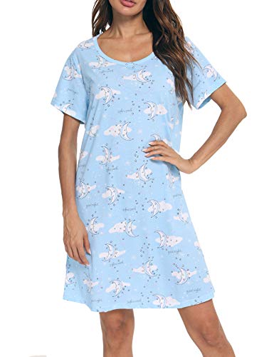 ENJOYNIGHT Camisón de Manga Corta para Mujer Camisones de Algodón Estampado Pijama de Verano (X-Large,Luna y Nubes Blancas)