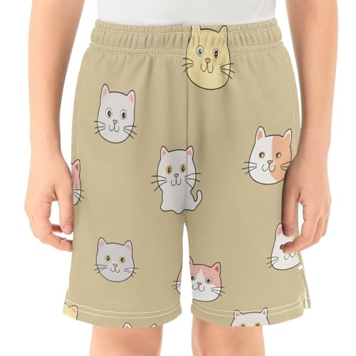 Cartoon Cats Athletic Shorts with Zipper Pockets, Youth Boys Athletic Running Shorts for Summer2