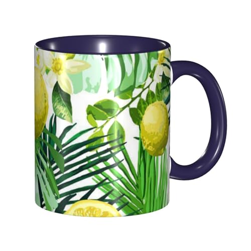 大きな常緑の葉のレモン マグカップ 旅マグ コーヒーカップ Navy Blue セラミック 330ml 陶器 食器 耐熱 水筒 プレゼント
