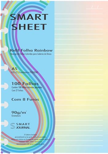 Refil Caderno de Discos 90g 100 Folhas Rainbow Colorido Pequeno 8 Furos A5