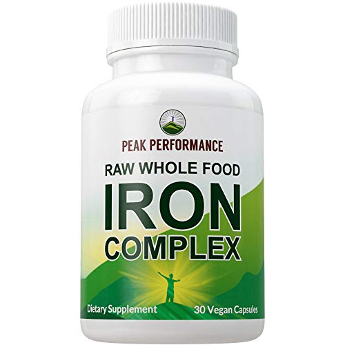 Raw Whole Food Iron Complex Vegan Supplement for Women and Men. Best USA Sourced Iron + Vitamins C, B12, and 25+ Organic Vegetables and Fruits for Max Absorption. Non Constipating Capsules. 30 Pills