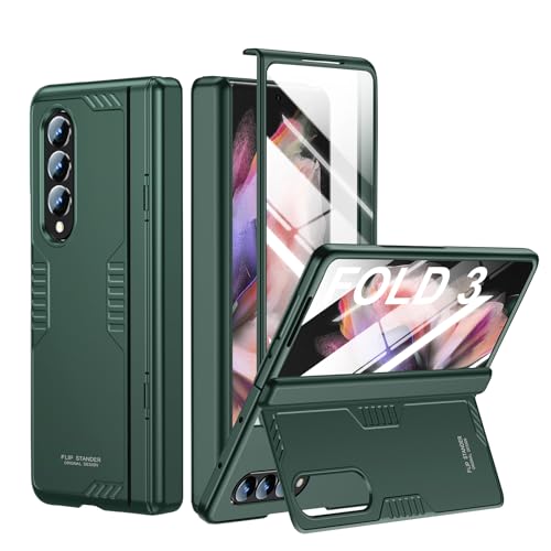 Phone Case for Samsung Galaxy Z-Fold-3: [Hidden Kickstand][Wireless Charging] Slim Hinge Protection Lightweight Case with Screen Protector- Protective Cover for Samsung Fold 3 5G 2021 (Green)