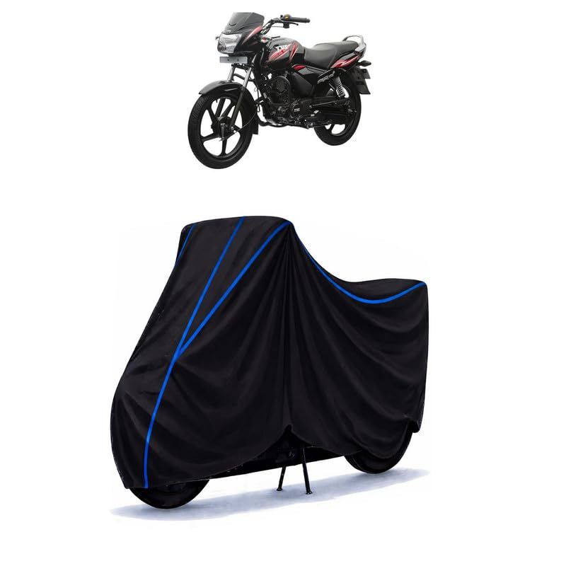 Image of Tvs Star City Plus BS7 Bike Cover Water Resistant Universal Motorcycle Rain | Heavy Duty UV Protection, Dust, Scratch Indoor Outdoor All Weather with Black Blue Piping Elastic