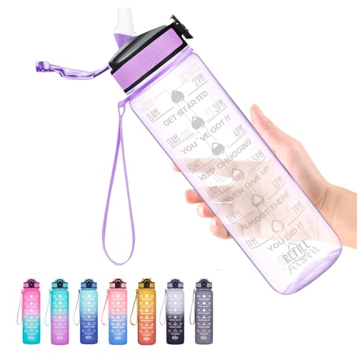 Hyeta Clear Water Bottle with Straw & Time Marker Plastic 32oz Leakproof