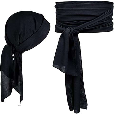 2 Pcs Medieval Viking Mens Head Wraps and Pirate Belt Vintage Cosplay Costumes for Halloween Party (Black) Cover