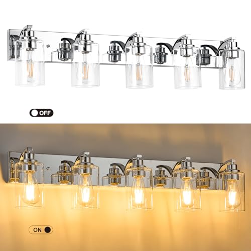 Image of 5-Light Bathroom Light Fixtures Modern Chrome Vanity Lights | Easy to Install Clear Glass Shades, Wall Mount Up or Down, E26 Socket, Hardwired, 128V