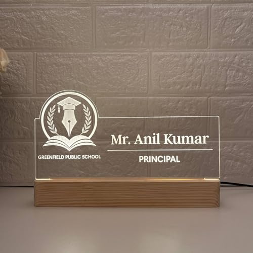 Image of Customised Acrylic Desk Name Lamp for Principal | Custom LED Light with School College Logo | Best Birthday Rakhi New Joining Office Gift for Vice Principal, Headmaster, Headmistress, School Director Admin Teacher (10 x 6 inch) (For Principal)