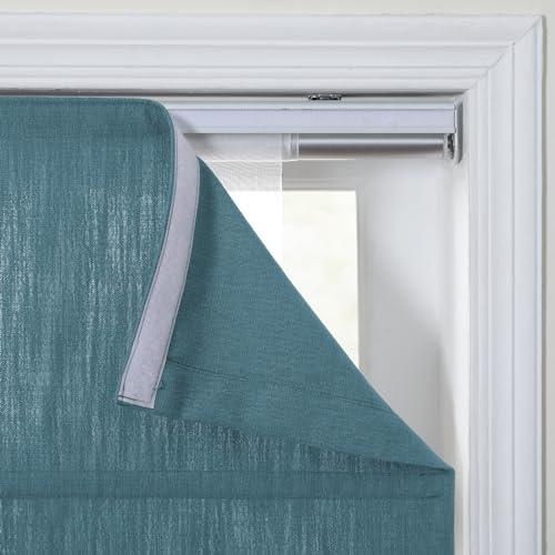 Image of TWOPAGES Isabella No Drill Cordless Roman Shade Linen Textured Cotton Roman Blind for Windows, Custom Made Room Darkening Blackout Roman Window Shade, Hardware Included, Teal, 1 Piece