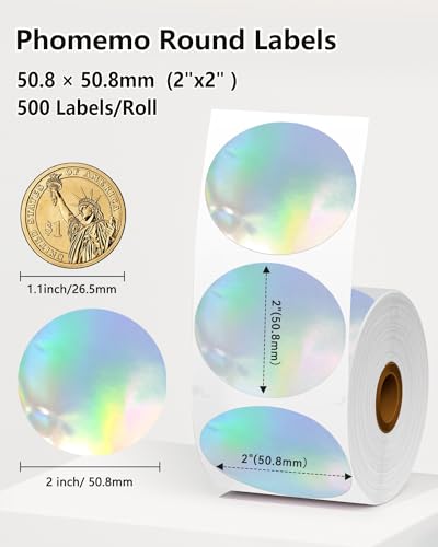 Image of Phomemo 2 inch Circle Thermal Label, Self-Adhesive Round Direct Sticker Labels, Circular Thermal Printer Label for Logo Design, Name Tag, Thanks Card, Address, QR Code, 400 Pcs of Labels /Roll, Laser Color