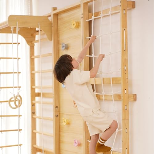 Image of Avenlur Walnut 9-in-1 Swedish Ladder Wall Gym Kids, Indoor Climbing Wall | 2 Heights: 78.8 inch or 94.5 inch Montessori Indoor Playground & Jungle Gym, Rock Climbing Wall for Kids, Rope Ladder, Slide, Swing