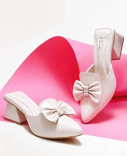 Image of JM LOOKS Women's Pointed Toe Mules with Bow Accent Stylish Block Heel Slip-On for Effortless Elegance For Women & Girls