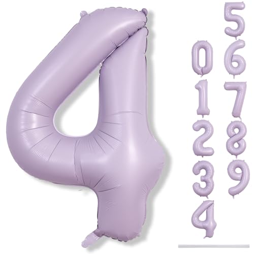 Image of Light Purple Number 4 Balloons, 40 In Large Pastel Purple Number 4 Mylar Foil Helium Balloons for Girls, Self Inflating Lavender Number Four Balloon for Women 4th Birthday Anniversary Party Decoration