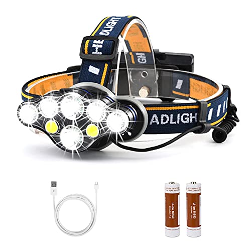 NewDoar LED Rechargeable Headlamp Flashlights 10000 Lumen,8 Light Modes and red Emergency Light Mode with Multi-Lighting Tool,Headlights for Running, Camping, Fishing, Hiking etc(8 Bulbs)