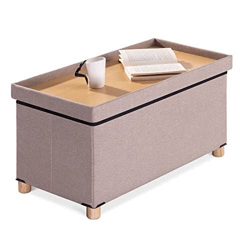 BRIAN & DANY Ottoman Storage Box with 4 Wood Legs, Linen Storage Ottoman for Living Room, Khaki, 76 x 38 x 38 cm
