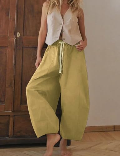 Gihuo Women's Cotton Wide Leg Pants, Elastic Waist Harem Style, Casual Baggy Palazzo Pants with Pockets3