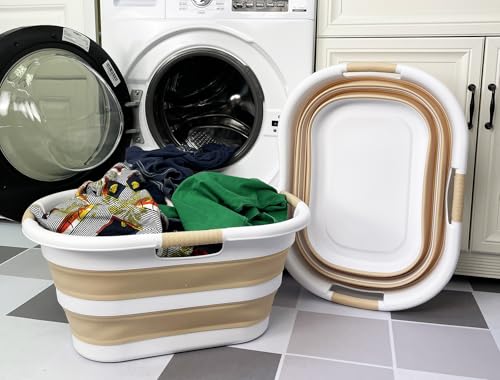 Image of SAMMART 40L (10.5 gallon) Set of 2 Collapsible Plastic Laundry Hamper - Foldable Pop Up Storage Container /Organizer - Portable Washing Tub - Space Saving Basket (2, White /Beige)