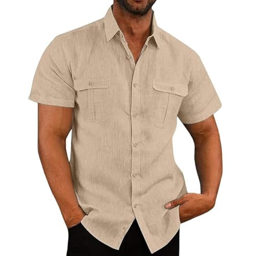 Chemise Lin Homme Manches Courtes Chemisier Hommes Coton Chemisette Casual de Couleur Unie Chemises de Affaires Coupe Ample Haut Tops de Plage Classique Shirt Blouse Regular Fit Chemises L'été