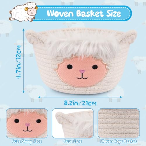 Image of Small Storage Basket for Nursery, Sheep Woven Animal Gift Basket | Round Woven Rope Cotton Storage, Baby Blanket 0rganizer with Ears Handles, Blanket Towel Decor Storage Bins, 8.2 inchD x 4.7 inchH IN