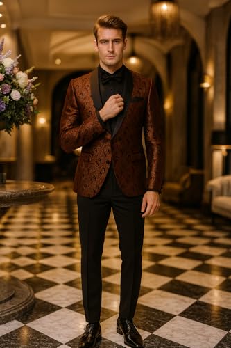 Men’s Rust Copper Brick Color Paisley Tuxedo Jacket Dinner and Wedding Blazer with Black Pants Matching Bowtie4