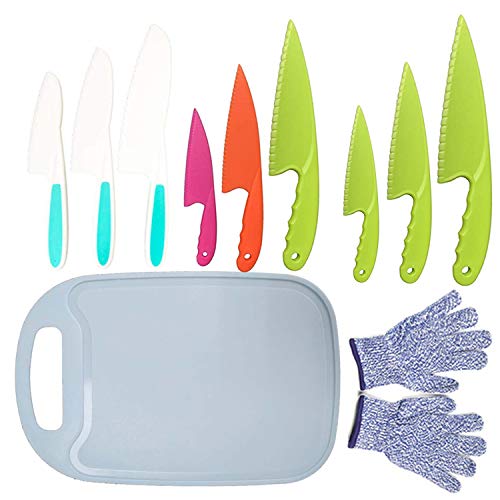 11Pcs Kids Plastic Knife Set,BPA-Free Children's Safe Cooking Knife Set 9Pcs Kid Nylon Knives With Cut Resistant Gloves(Ages 6-12)&Cutting Board for Fruit,Bread,Cake,Lettcue,Salad (Blue)