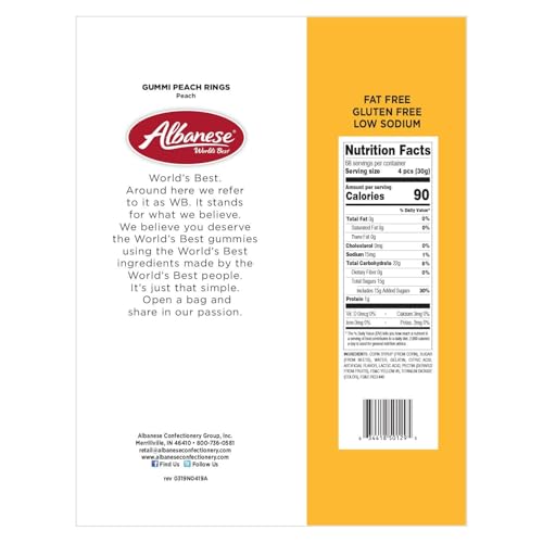 Albanese World's Best Gummi Peach Rings | 4.5lbs of Candy | Gluten Free, Fat Free, Soft and Chewy Gummy | Perfect as a Drink Garnish for Parties, Including in a Dessert Bar, and Crafts with Kids