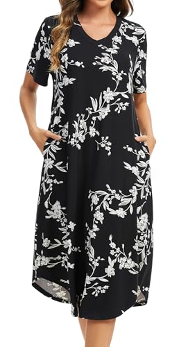 Image of Kabento Nightgowns for Women Cotton Short Sleeve Long Night Gowns with Pockets