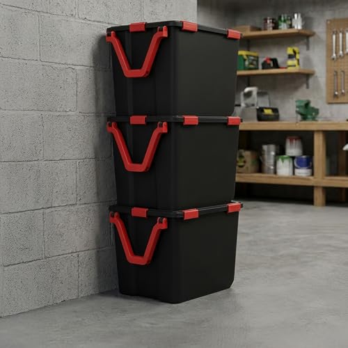 Image of IRIS USA 3-Pack WeatherPro Gasket Box, 106 Quart Weather Resistant Storage Bins with Latching Lids, Heavy Duty Organizing Containers for Closet, Bathroom, and Office - Black /Red