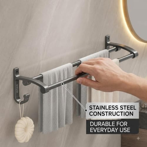 Image of iSTAR Double Rod Towel Holder - Stainless Steel Wall Mounted 2 Bar Towel Rack, 24 Inch Rust-Proof Chrome Finish (Black, Pack of 4)