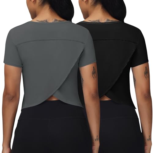 Micoson Camisetas femininas cropped para treino com costas divididas nas costas, manga curta, atléti