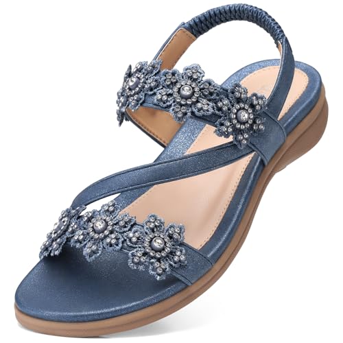 Image of TEMOFON Sandals for Women Flat Dressy Summer Flower Sandals with Ankle Strap Comfortable Casual Walking Flat Sandals Size 5-11