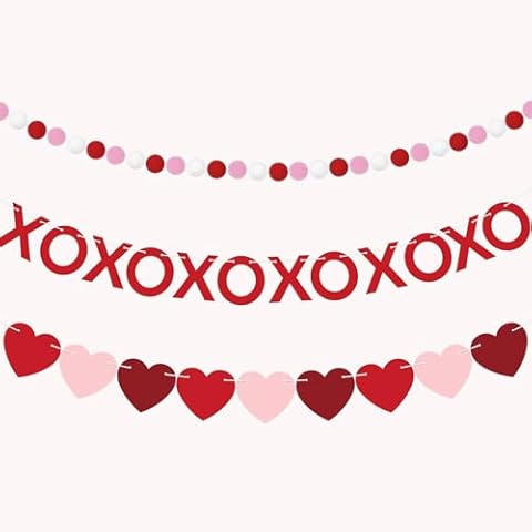 Galentines Day Decorations for Party Valentine Heart Garland, XOXO Banner and Pre-Strung Felt Ball Garland for Valentines Day Decorations Outdoor Home Hanging Valentines Decor Cover
