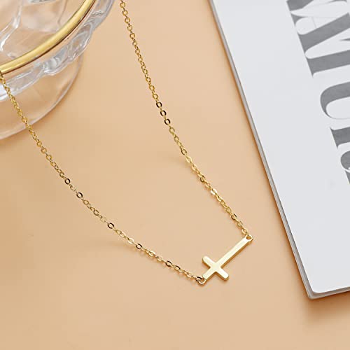 Pencros Gold Sideways Cross 18K Gold Filled Horizontal Small Cross Pendant Religious Jewelry For Women Girls #TOP5
