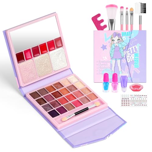 Aomig Kit de Maquillaje Niñas Portátil, 34 Colores Set de Maquillaje para Niña con Esmalte de Uñas, Juego de Maquillaje Infantil Lavable, Set de Maquillaje para Cumpleaños Fiesta, Púrpura