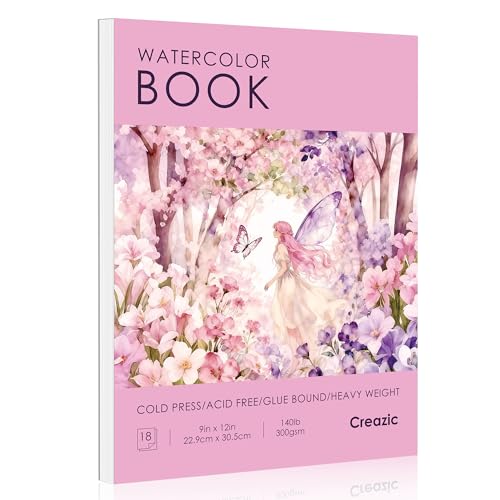 Creazic Watercolor Paper Book, 9"x12" Sketchbook, 18 Sheets 140lb/300gsm - No Bleed Art Paper for Watercolor, Acrylic Paint & Crayons - Gift Ideas for Adults & Students, Drawing Pad for Beginners