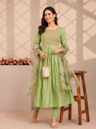 Image of Women's Chanderi Kurta with Legging and Dupatta | Modern & Traditional Blend Ethnic Wear Set | Festive & Casual Summer Kurti with Pants for Party Office & Ethnic Occasions