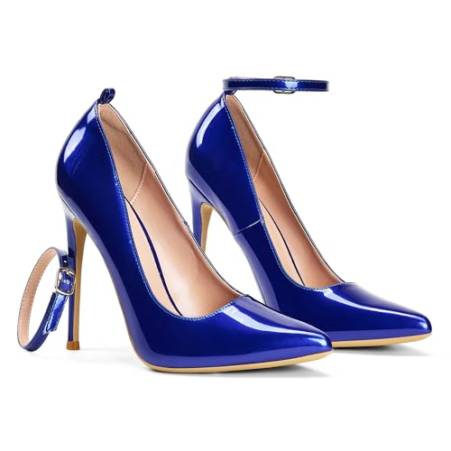 Elisabet Tang Fashion Removable Ankle Strap Classic Pumps High Heels - 4.7IN Sexy Closed Pointy Toe Stilettos for Party Dress Shoes Royal Blue 9