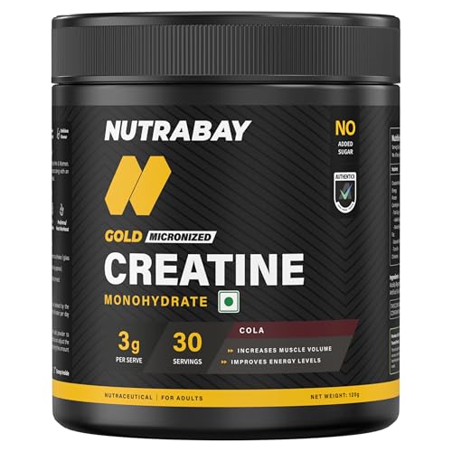 Image of Nutrabay Gold Micronised Creatine Monohydrate Powder 3000 mg Creatine per Serving, NABL Lab Tested - Increases Muscle Mass, Strength & Power - Pre /Post Workout Supplement - 120g, Cola