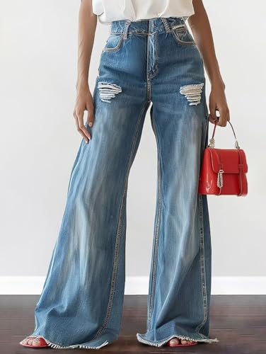 Flamingals High Waisted Wide Leg Jeans for Women Trendy Ripped Distressed Raw Hem Flare Baggy Jean2
