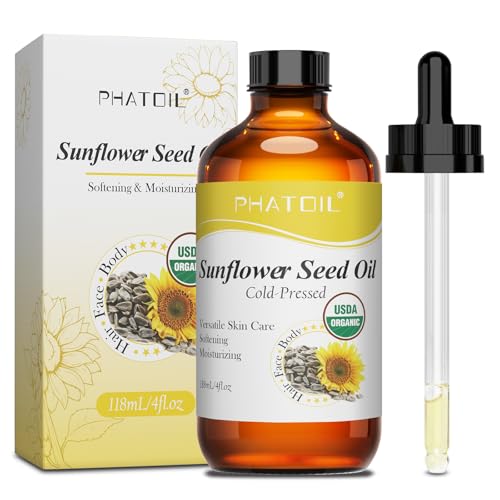 PHATOIL Organic Sunflower Seed Oil for Skin 118 ml (4 fl.oz) USDA Certified Organic Cold Pressed Sunflower Oil in Glass Bottle for Hair Body Moisturizer Carrier Oil for DIY Massage